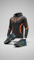 Tech-inspired athletic gear, use a 3/4 angle to showcase products like apparel and footwear, highlighting their sleek...