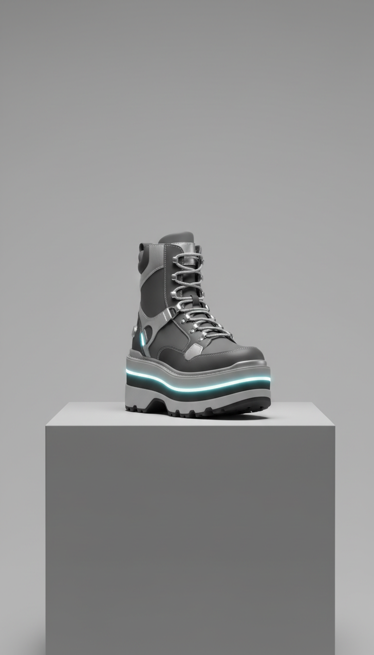 Celeste Float platform boot with silver accents, Single boot or pair shot at a slight 3/4 angle (not flat), elevated on a...