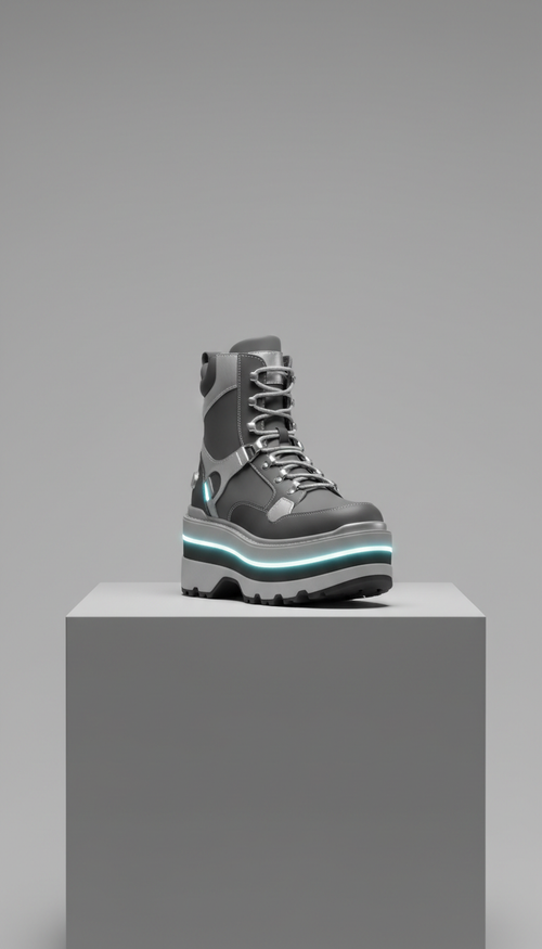 Celeste Float platform boot with silver accents, Single boot or pair shot at a slight 3/4 angle (not flat), elevated on a...