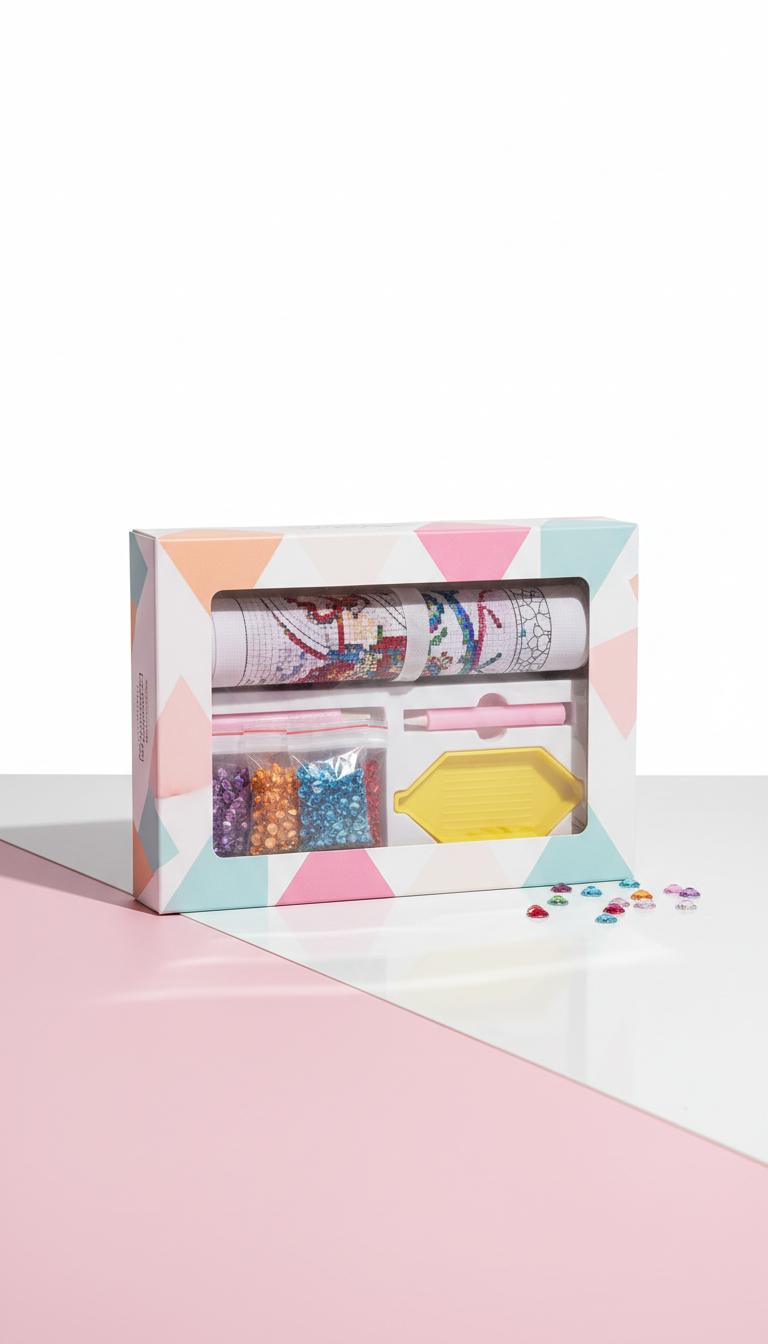 Premium rhinestone DIY canvas art kit, Three-quarter angle as default for product kits — shows off elegant packaging and...