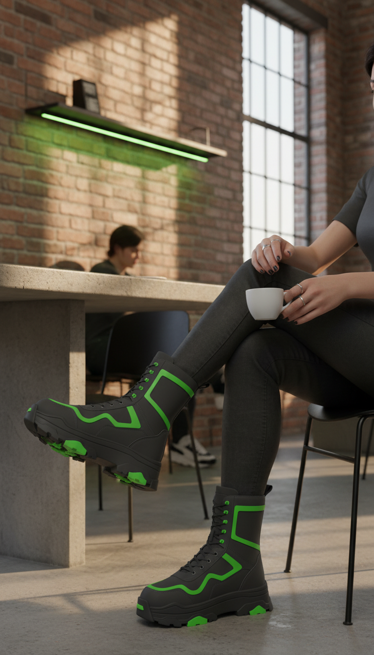 Electric Green-Accented Statement Boots in use