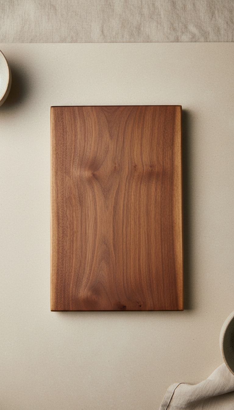 Walnut wood cutting board, 3/4 angle as default for cookware and tableware sets; products arranged on pale stone or...