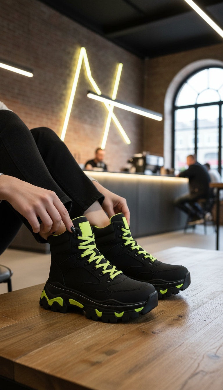 Chunky Black Boots Volt Yellow in use