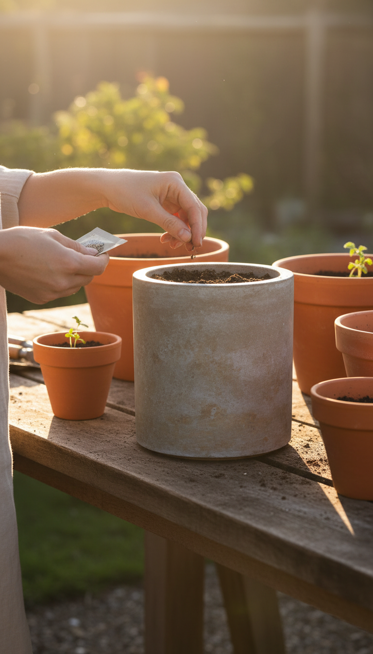 Stone Grey Cylindrical Planter in use