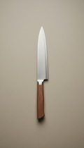 Walnut-handled chef's knife, Default to elegant 3/4 angle shots that celebrate form and material—camera at product height...