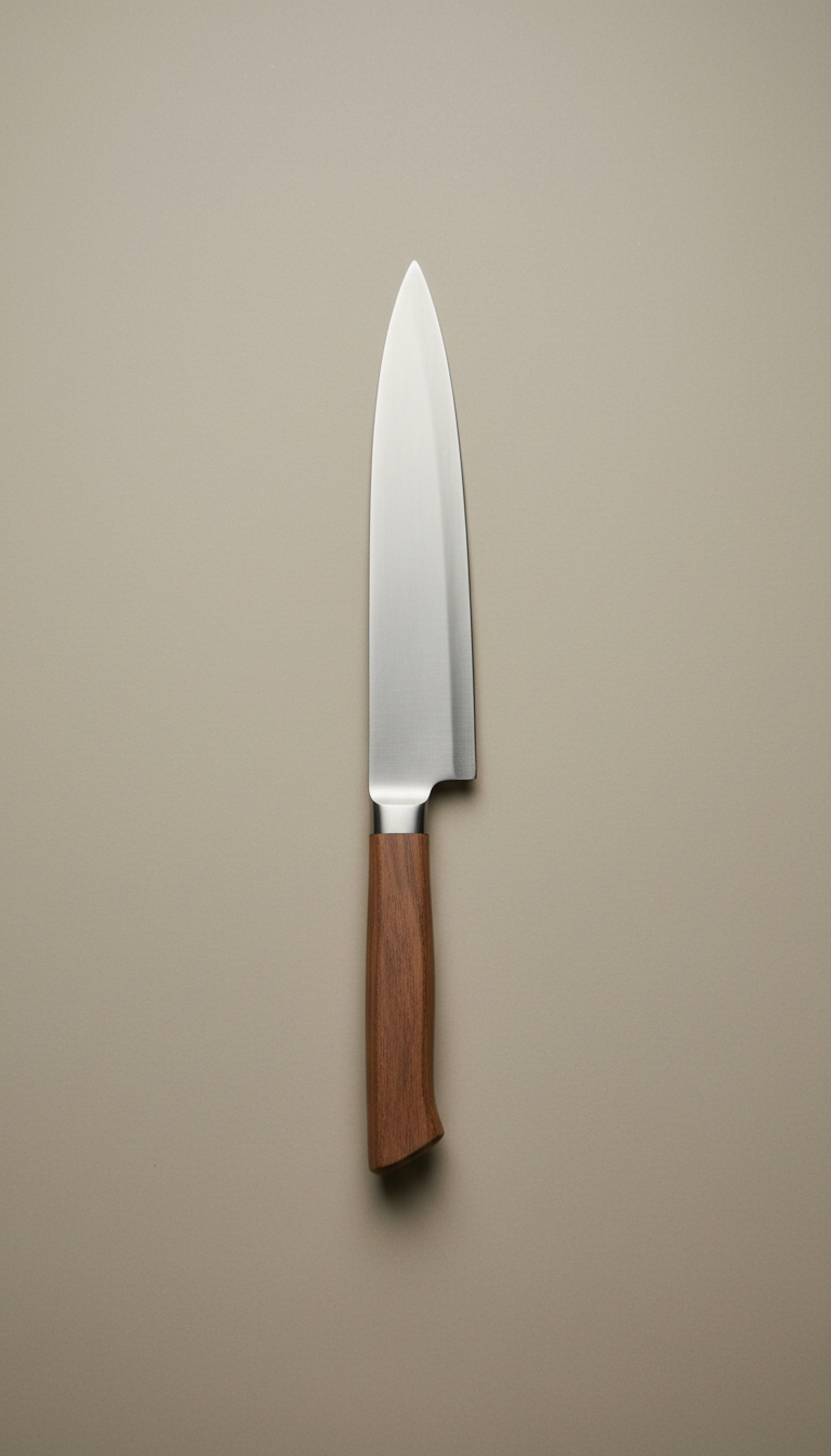 Walnut-handled chef's knife, Default to elegant 3/4 angle shots that celebrate form and material—camera at product height...