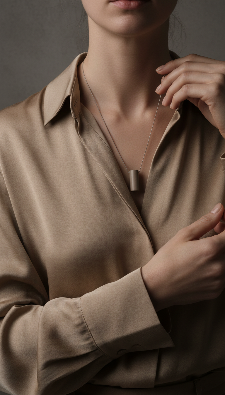Urban Taupe Minimalist Pendant Necklace in use