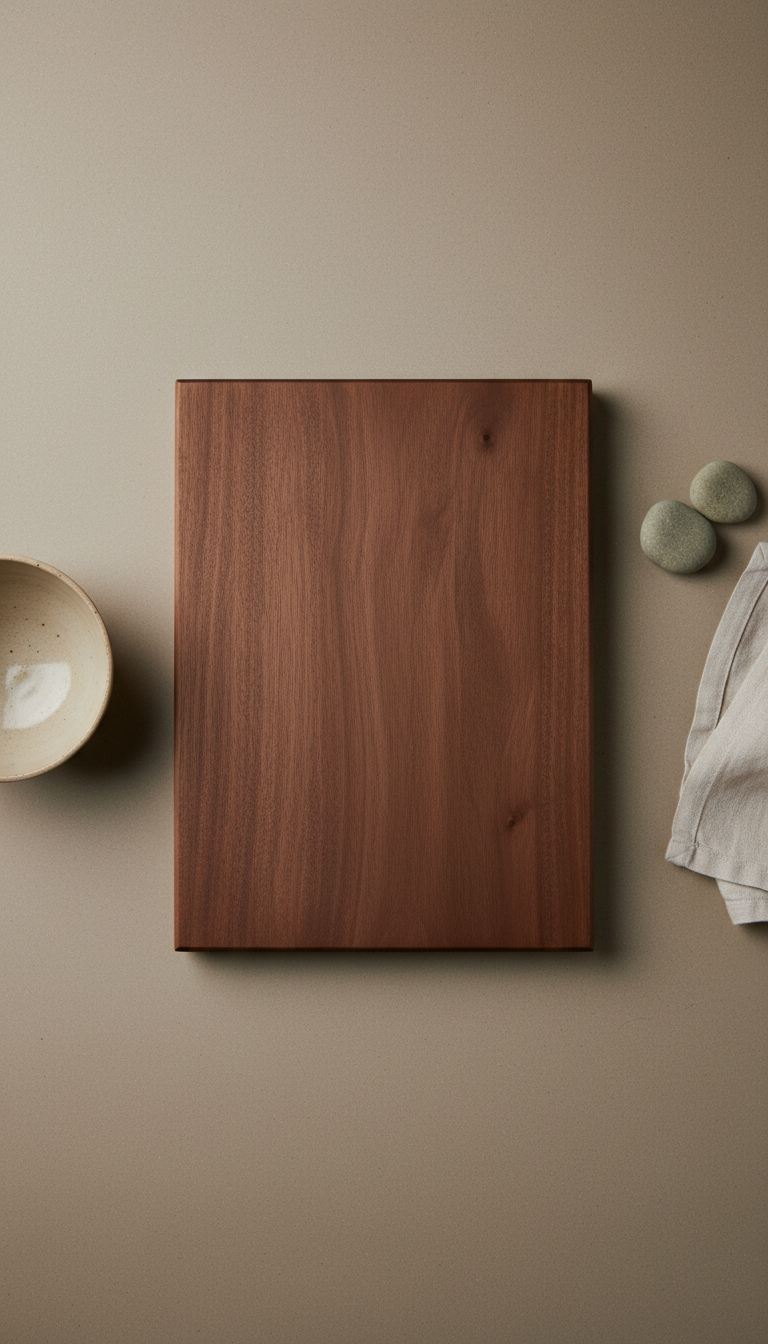 Matte walnut wood cutting board, Three-quarter angle product shots on neutral matte surfaces (ceramic white or warm...