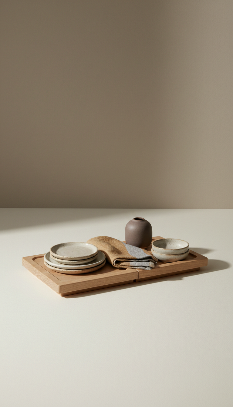 Modular light wood tray, Three-quarter angle is preferred to showcase both form and surface detail of products...
