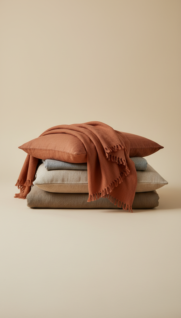 Burnt terracotta linen throw, 3/4 angle as default for bedding stacks, throws, and cushions — allows depth and reveals...