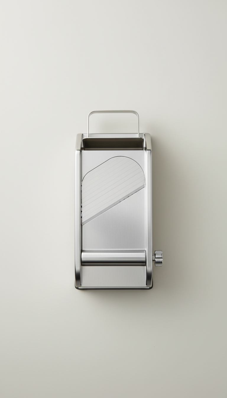 Stainless steel mandoline slicer, 3/4 angle product shots at counter height to showcase both form and context—products...