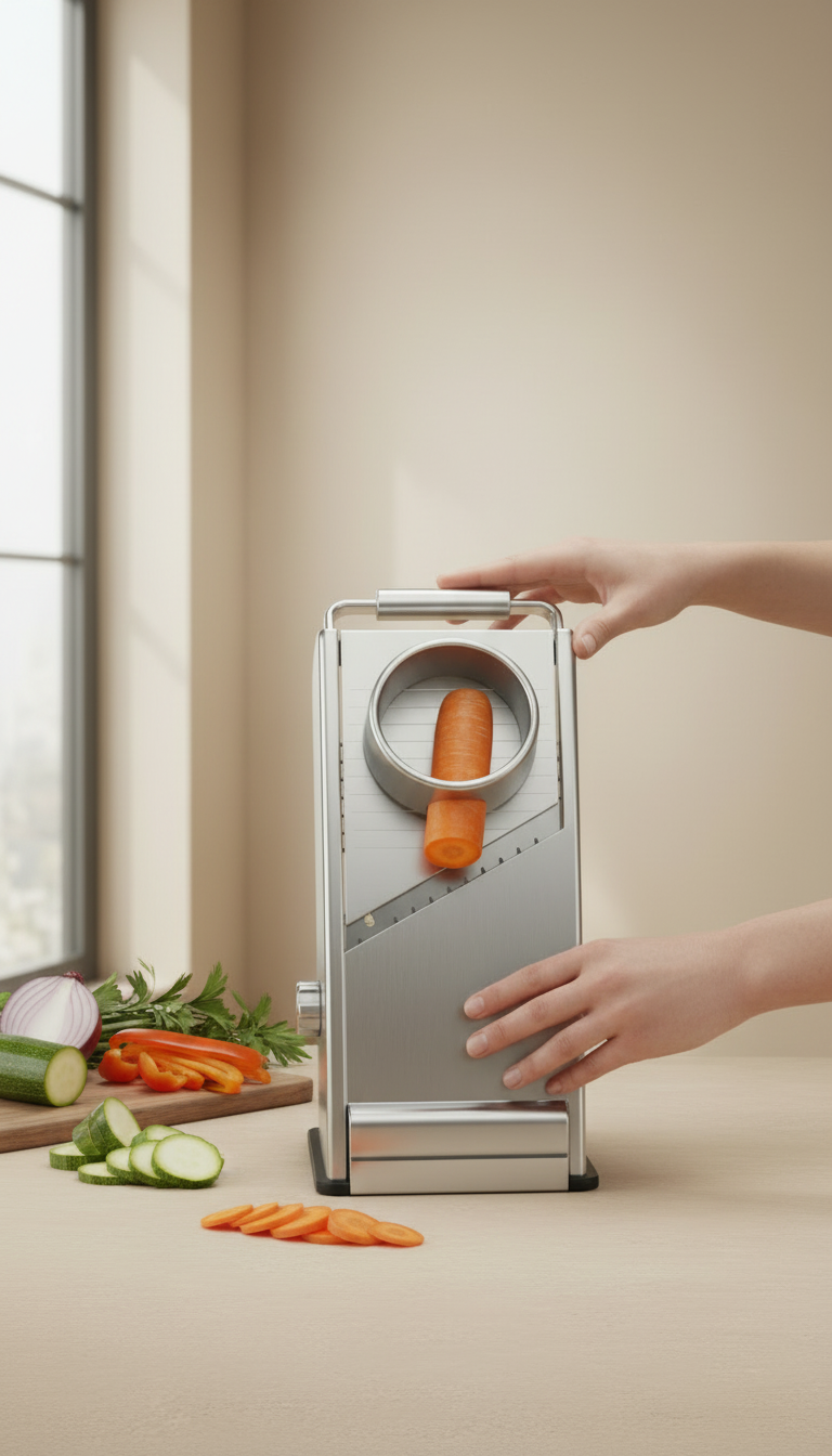Stainless steel mandoline slicer in use