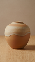 Sandstone Glazed Vase, Three-quarter product angles at eye-level to hero the volume and surface texture of each piece;...