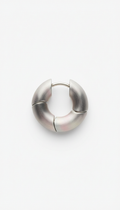 Brushed steel modular hoop earrings, Default: 3/4 angle with product elevated on matte geometric prop (block or arch) in...