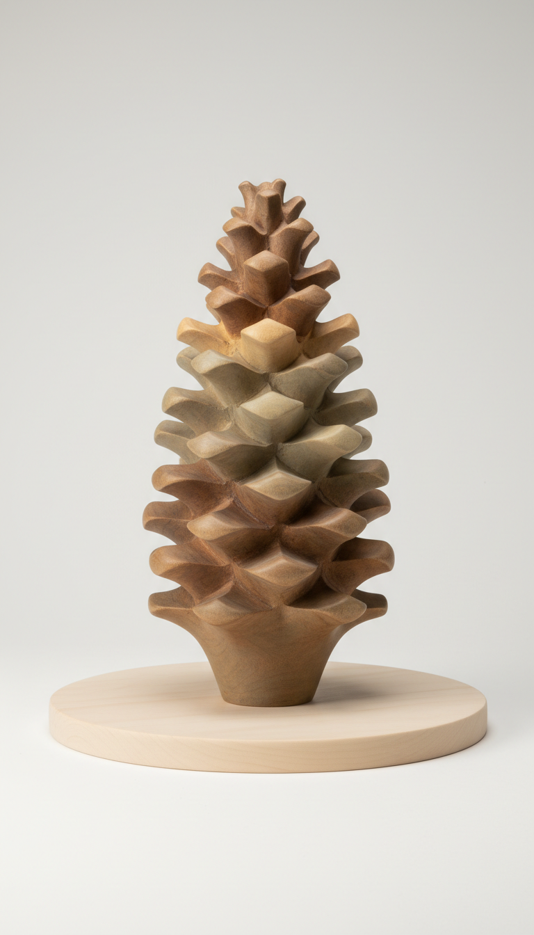 Tall pineform wood sculpture, perfectly centered horizontally and vertically with equal negative space above and below,...