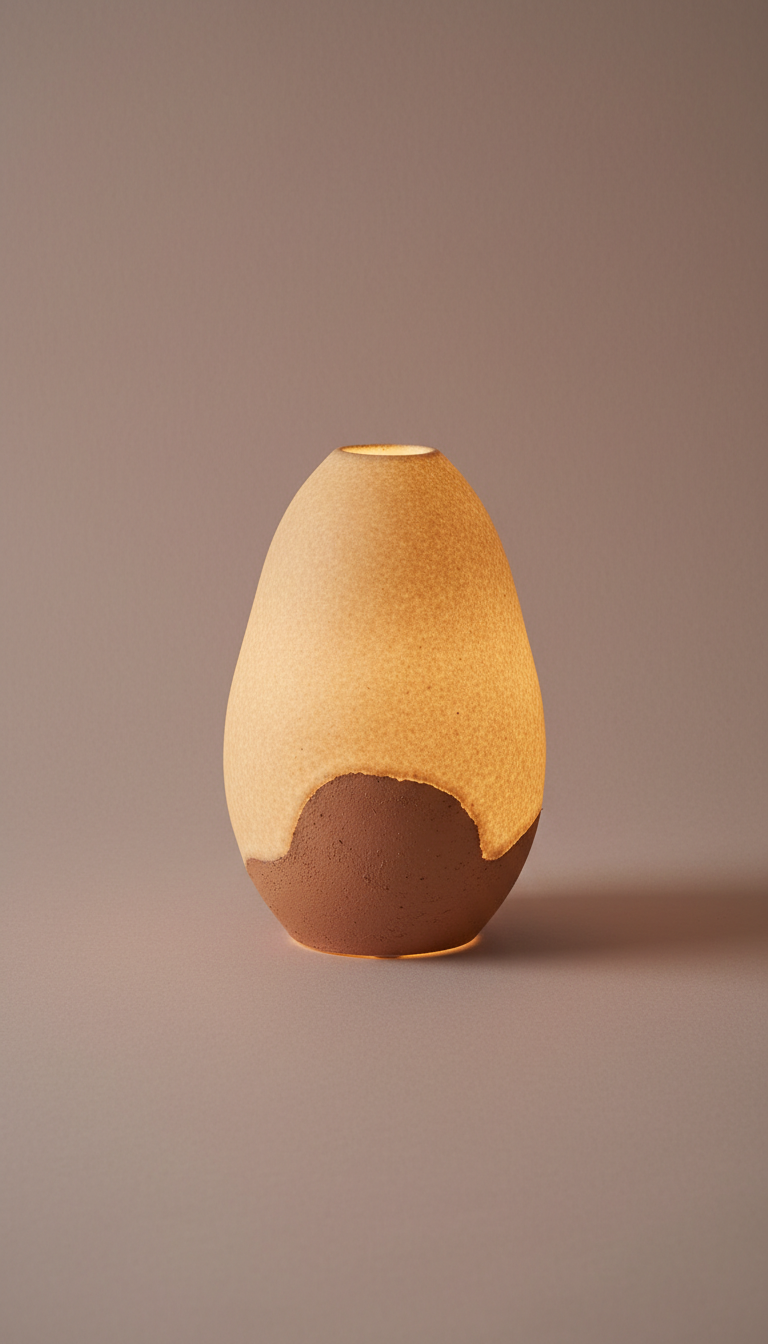 Artisan night lamp, perfectly centered on a subtle, textured surface in Pale Blush. The product is illuminated with soft,...