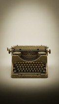 Battered manual typewriter in sepia brass finish, Hero product shots echo classic archival documentation: three-quarter...