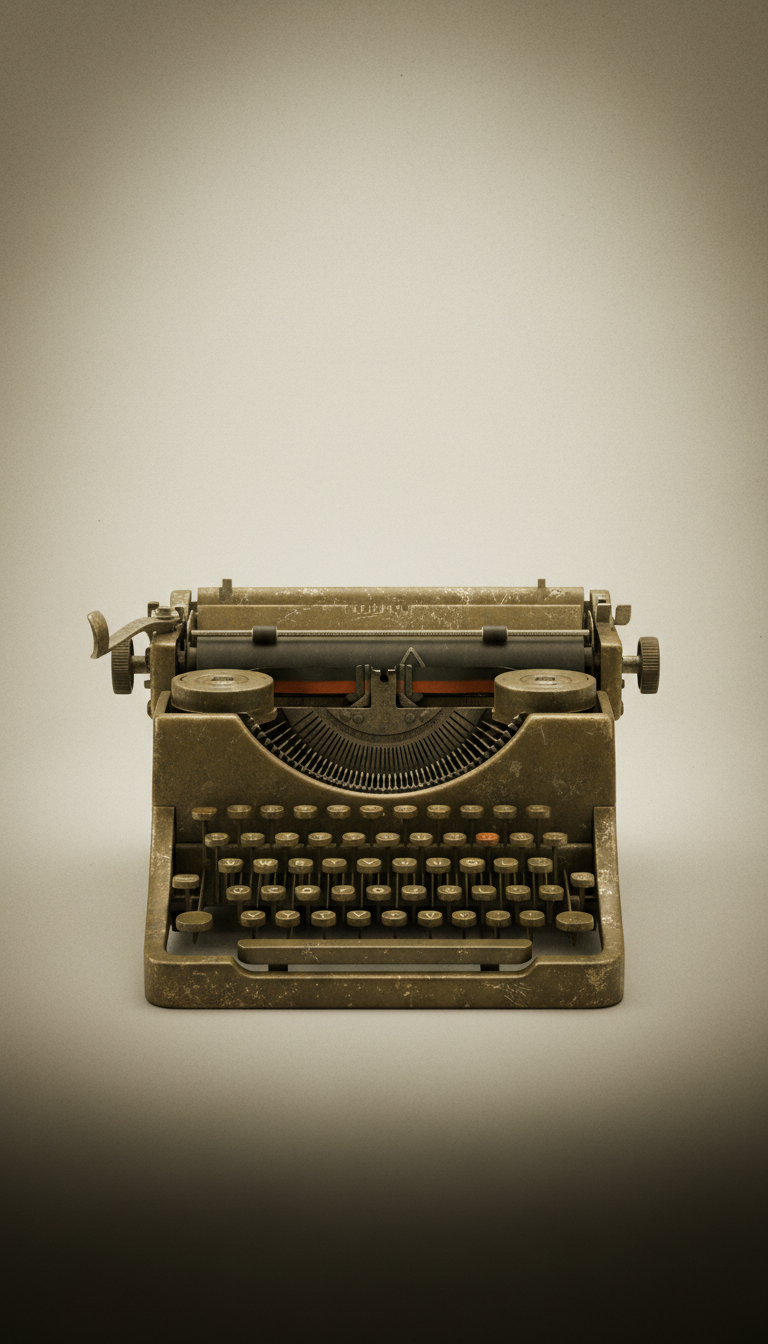 Battered manual typewriter in sepia brass finish, Hero product shots echo classic archival documentation: three-quarter...