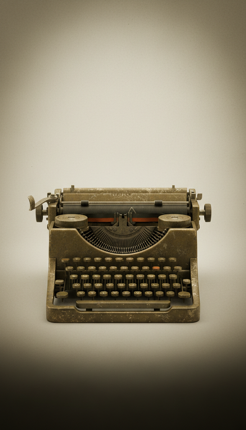 Battered manual typewriter in sepia brass finish, Hero product shots echo classic archival documentation: three-quarter...
