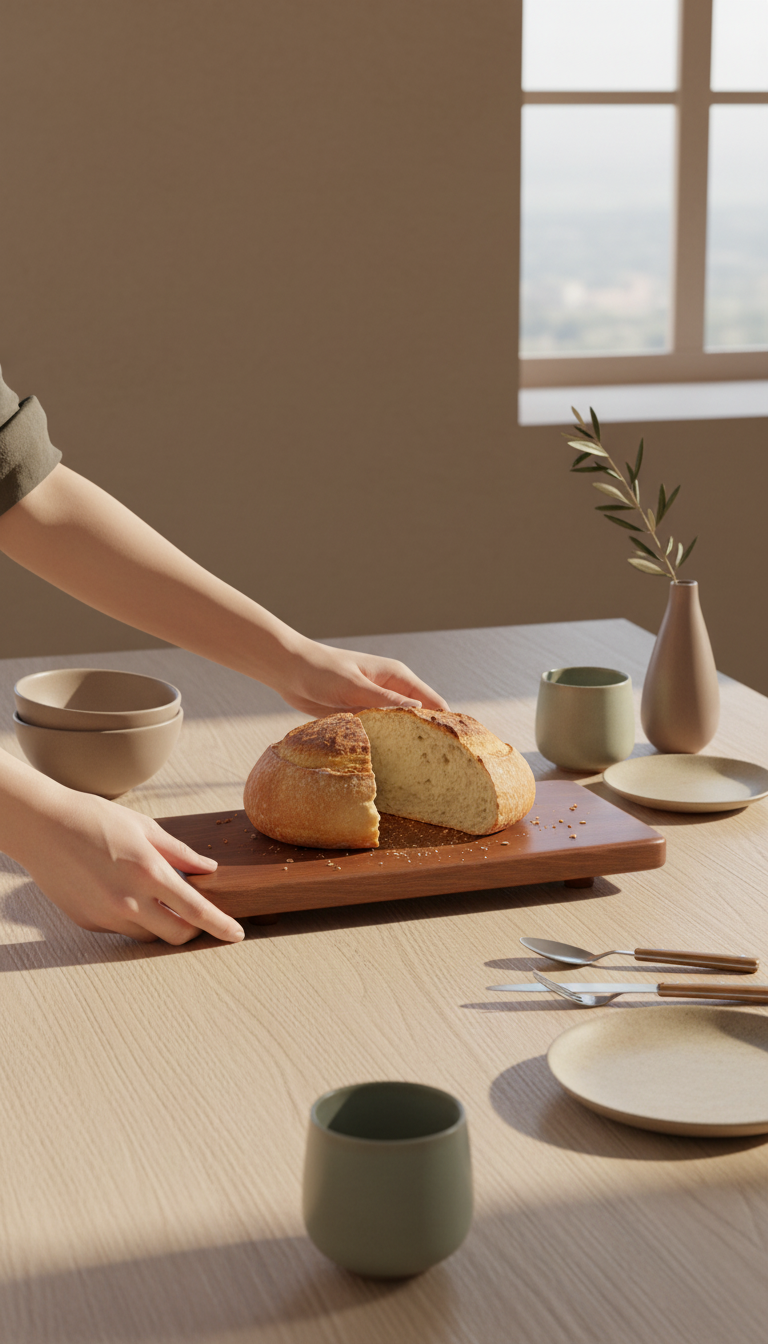 Wooden cutting board with chestnut finish in use