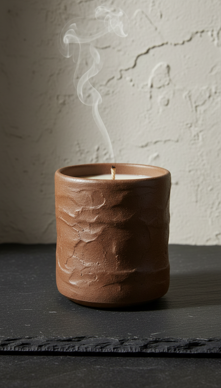 Scented Candle in Earthy Brown Container in a new setting