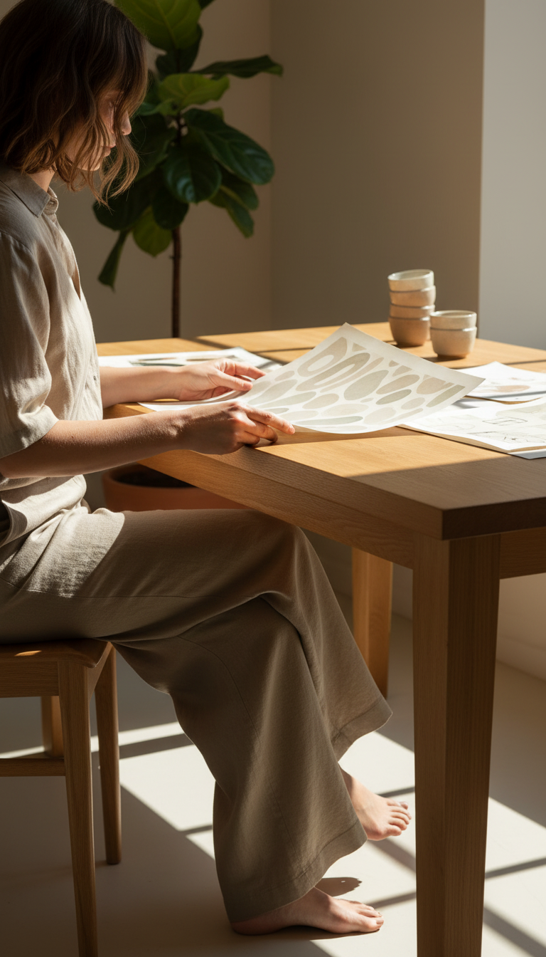 Clay Gray linen wide-leg trousers in use