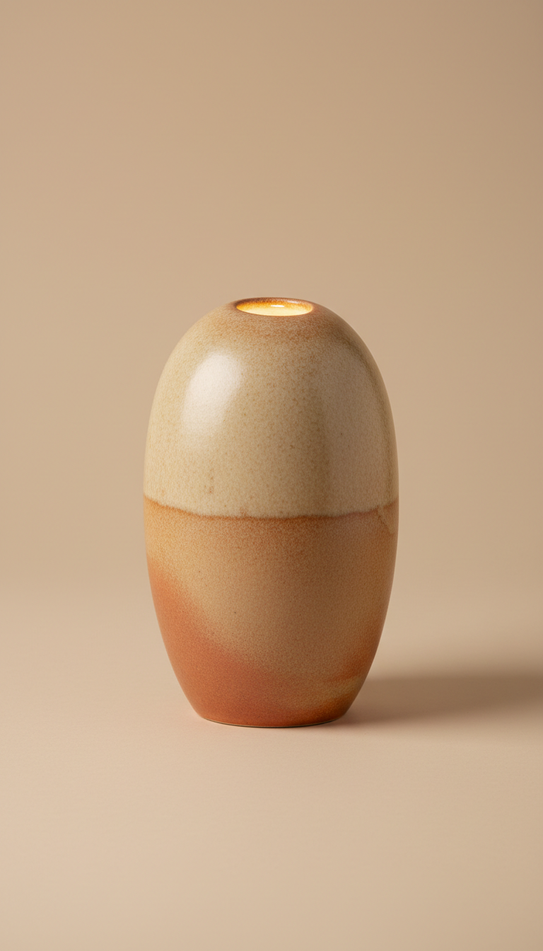 A decorative ceramic table lamp with a smooth, organic shape, centered in the frame against a Soft Almond background. The...
