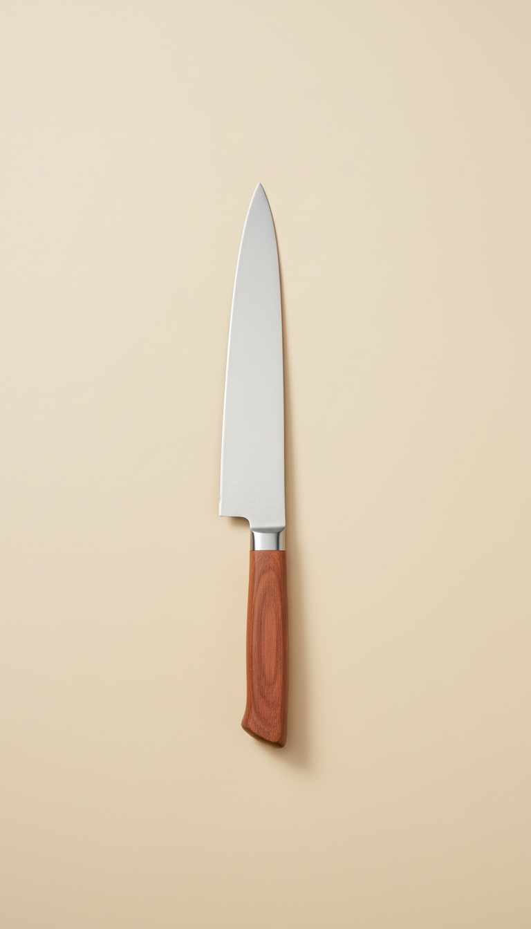 Signature stainless steel chef's knife, Three-quarter angle shots at slight downward tilt (just above eye-level), placing...