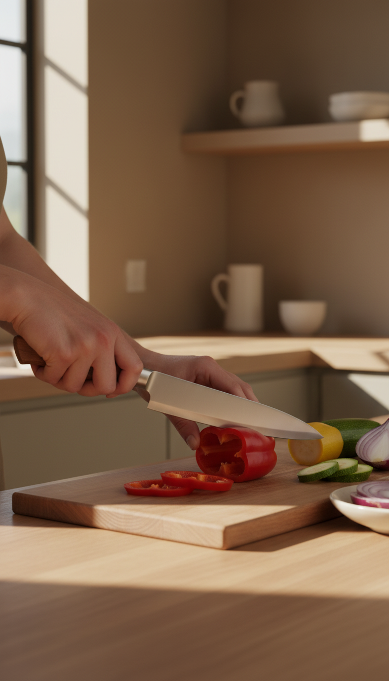 Chef's Knife With Walnut Handle in use