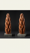 Terracotta Flame Column sculptural ceramic fountain, Product shots: Three-quarter angle from slightly above eye-level to...
