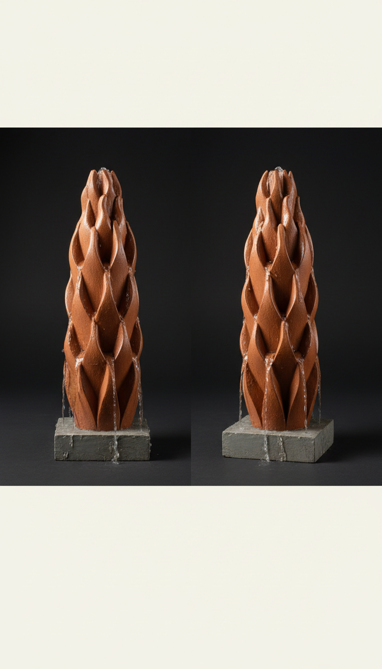 Terracotta Flame Column sculptural ceramic fountain, Product shots: Three-quarter angle from slightly above eye-level to...