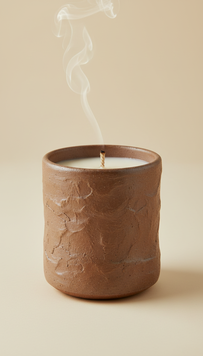 [Product Shot Specs] A luxury scented candle in an elegant Earthy Brown container, perfectly centered against a smooth...