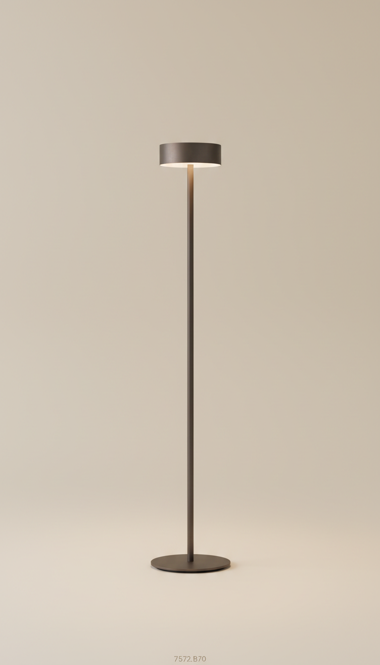 Minimalist smoked bronze floor lamp, 3/4 angle as default for product portraits—captures dimensionality and material...