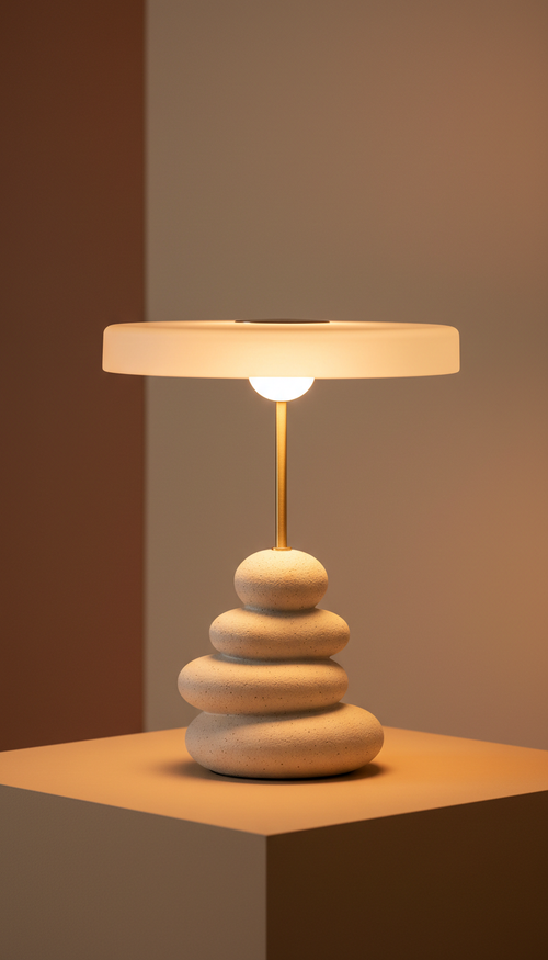 A stylish and artistic table lamp, centered in the frame with a neutral, warm-toned background. The lamp is illuminated...