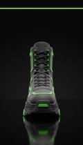 Electric green-accented statement boots, 3/4 angle product shots on reflective black or chrome base for...