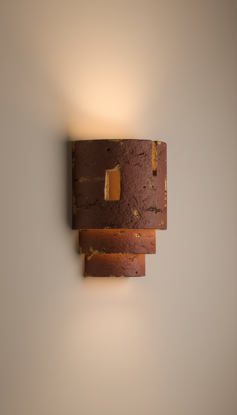 Firebrick wall sconce, use a 3/4 angle to capture the dimensionality of each piece. The background should be a soft,...