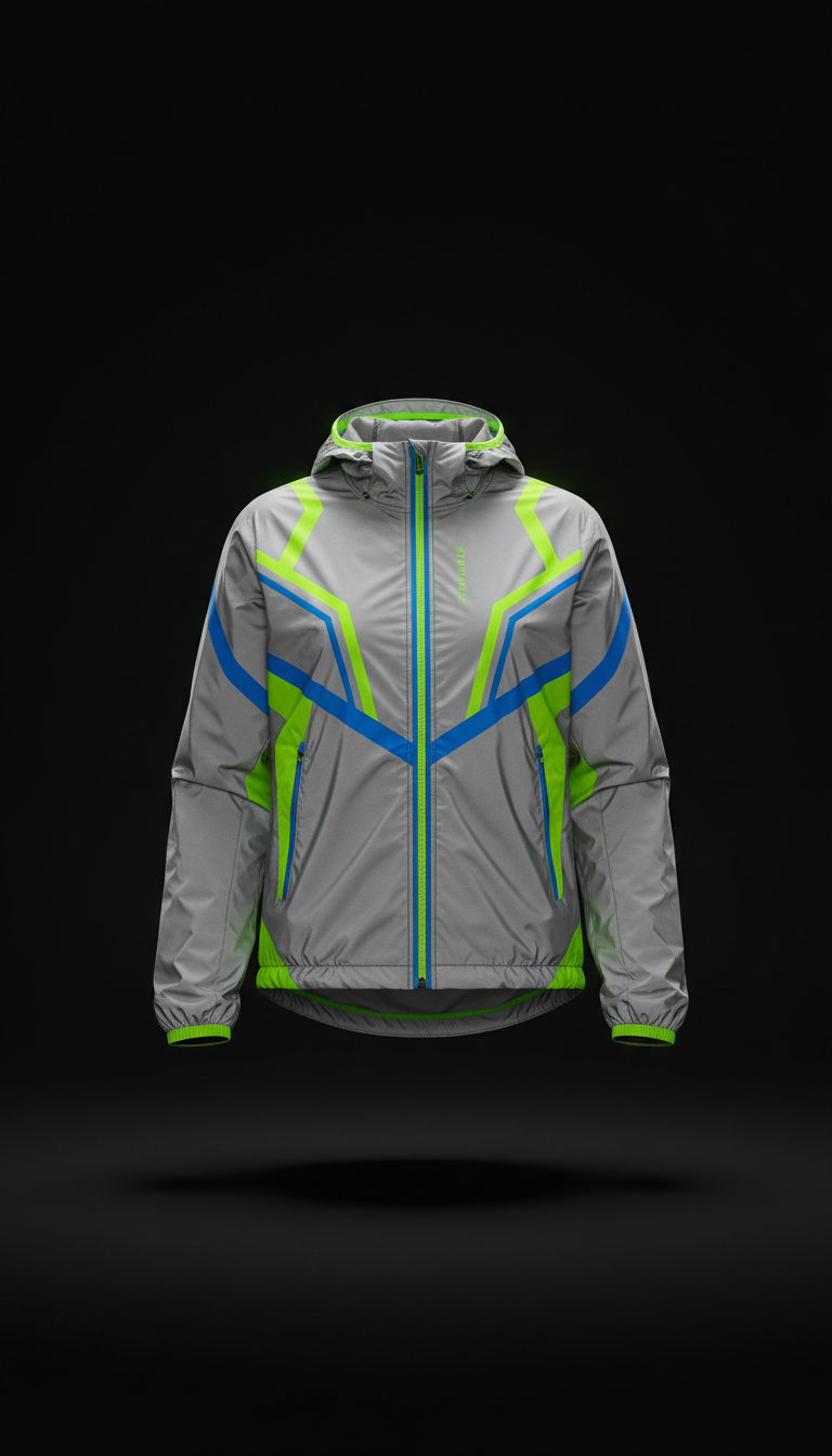 A perfectly centered shot of an IRATHOS reflective running jacket, showcasing its sleek design and reflective details. The...