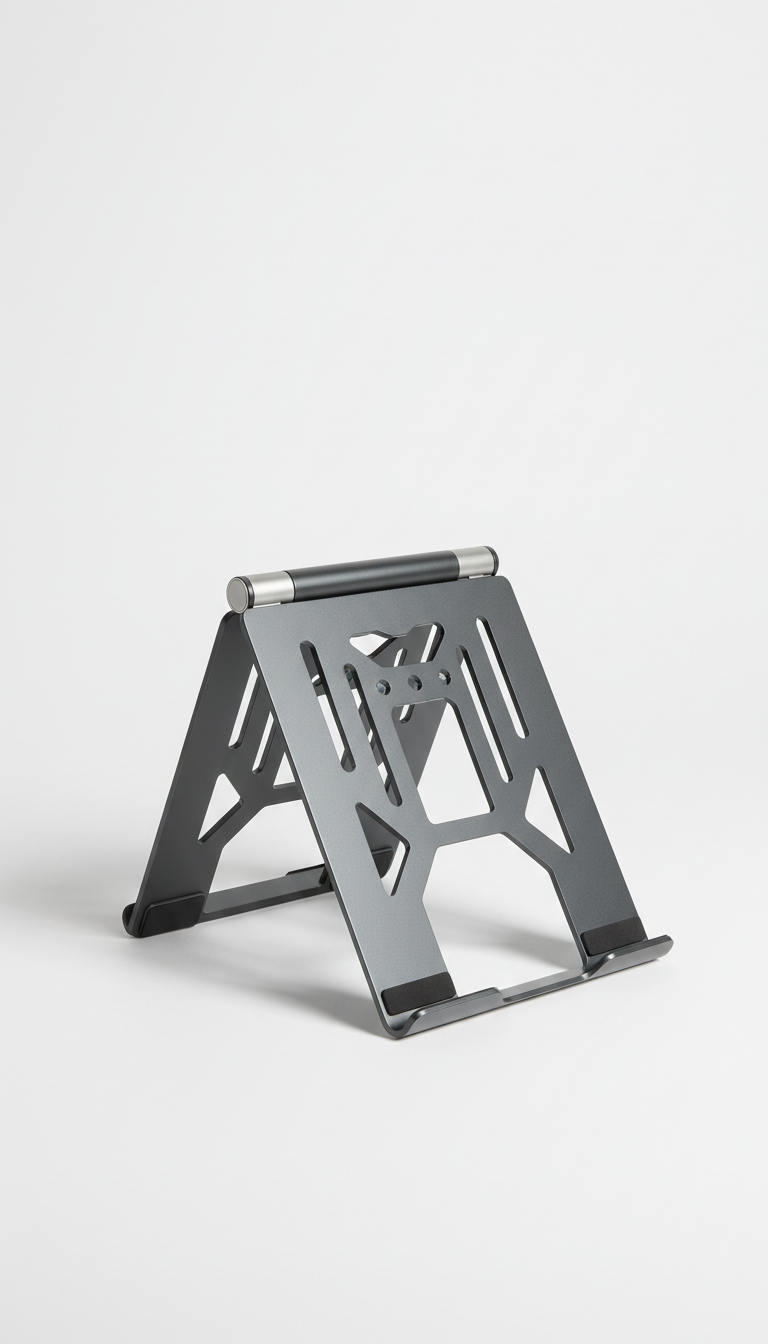 Architectural foldable laptop stand, Hero product shots at a precise 3/4 angle to showcase both face and edge...
