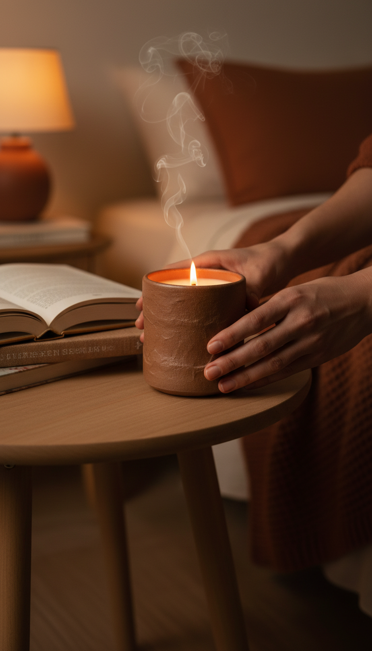 Scented Candle in Earthy Brown Container in use