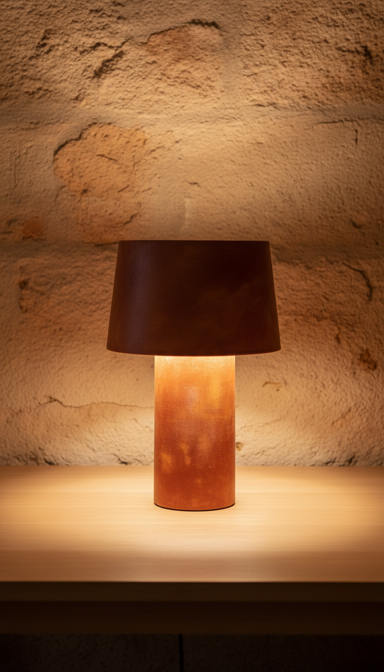 A terracotta table lamp with a sleek, modern design, perfectly centered on a wooden surface. The lamp is lit to showcase...