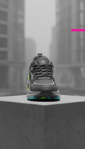 Fog Edition Monochrome sneaker, Heroic three-quarter angle at slightly elevated height (just above shoe), set on modular...
