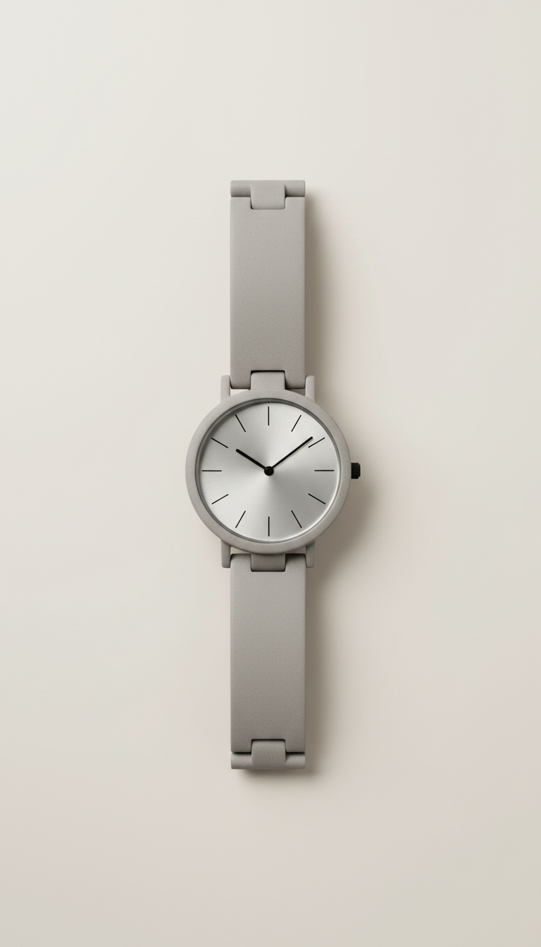 Ceramic minimalist watch, Default is a three-quarter angle highlighting the watch face and band curvature, positioned on a...