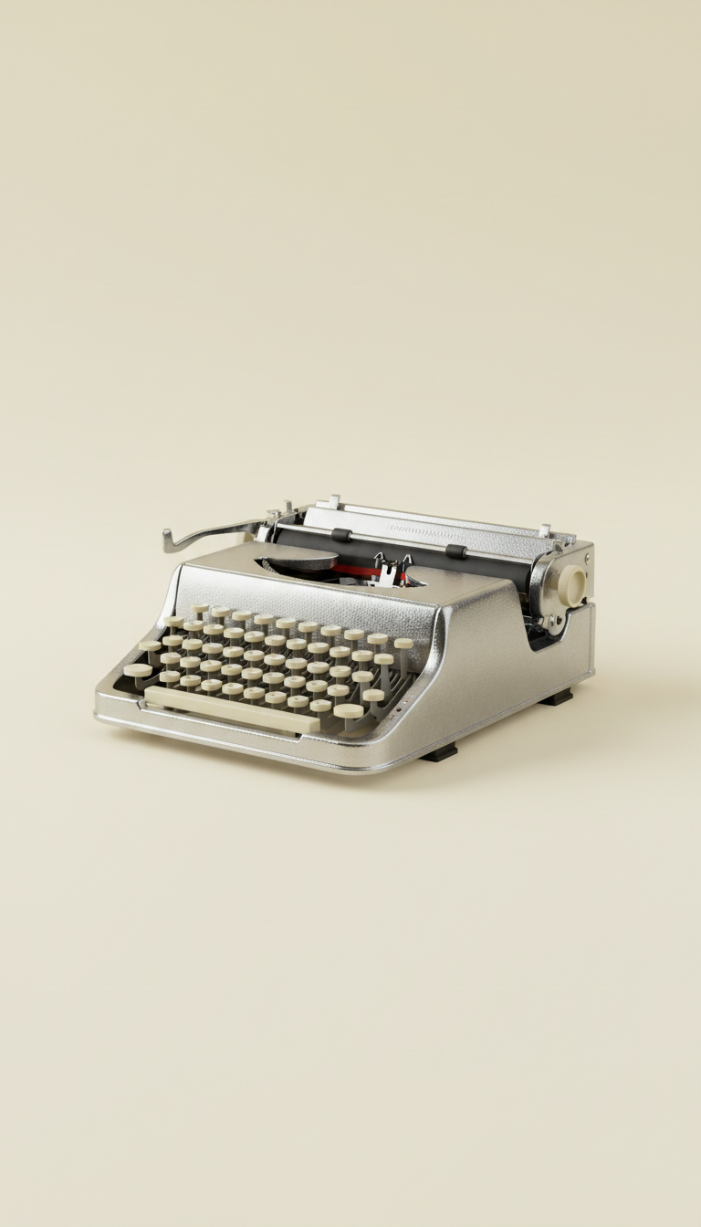 A vintage typewriter perfectly centered against a Pastel Cream background. The typewriter is captured from a 3/4 angle,...