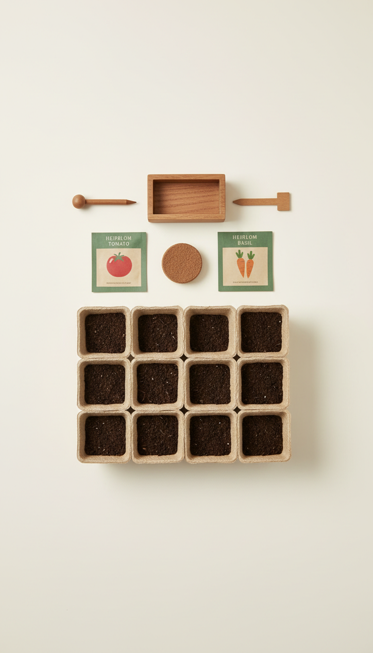 Heirloom seed starter kit, Default angle: three-quarter view at table height to hero product shape and craftsmanship;...