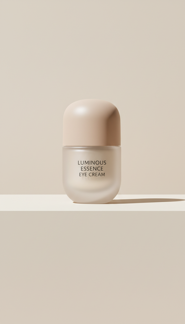 Luminous Essence Eye Cream bottle, Default: 3/4 front angle at slight elevation to showcase bottle form and pearlescent...