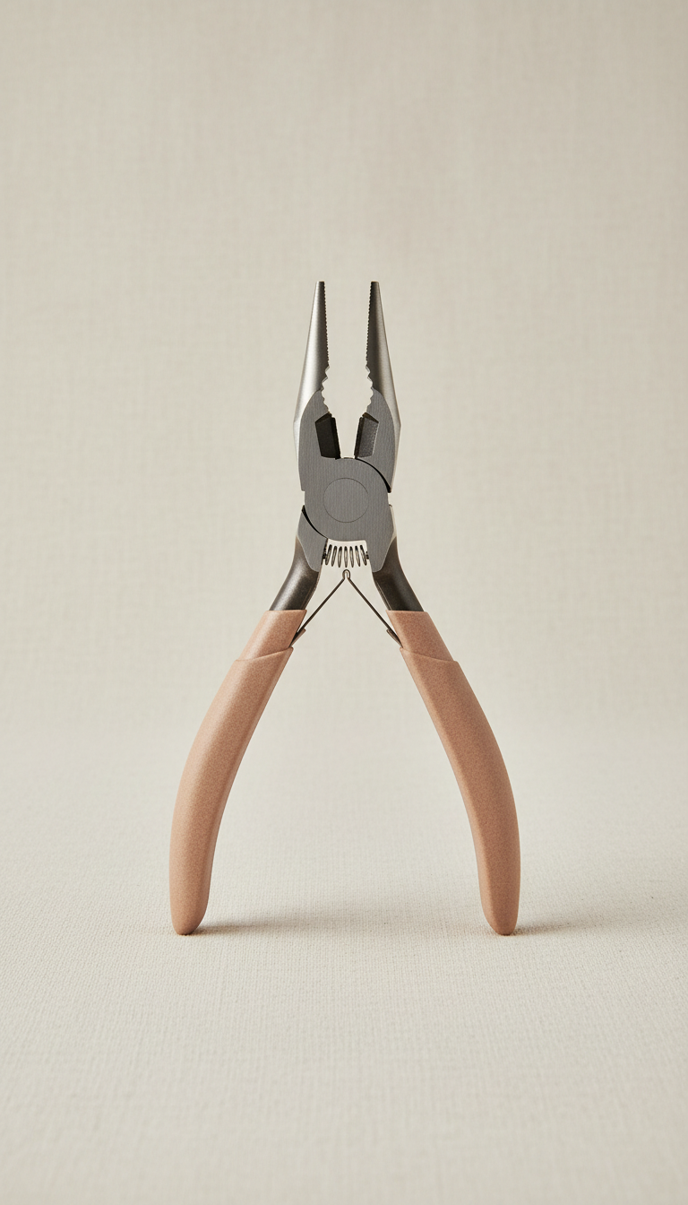 Hair Made Easi Micro Ring Applicator Pliers, Hero angle is a 3/4 top-down perspective that highlights tool contours and...