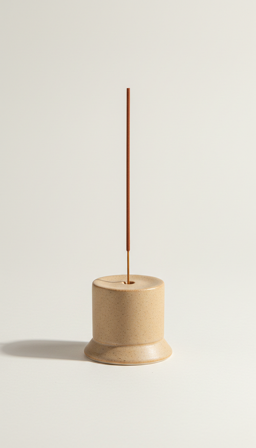 Beige Ceramic Incense Holder with Natural Incense, Three-quarter angle product shots on matte off-white or soft beige...