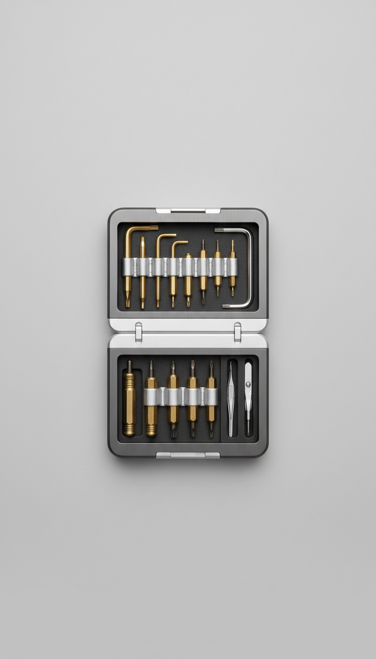 Brushed metal compact tool kit, Three-quarter angle is default for most products—shows form and function with a sense of...