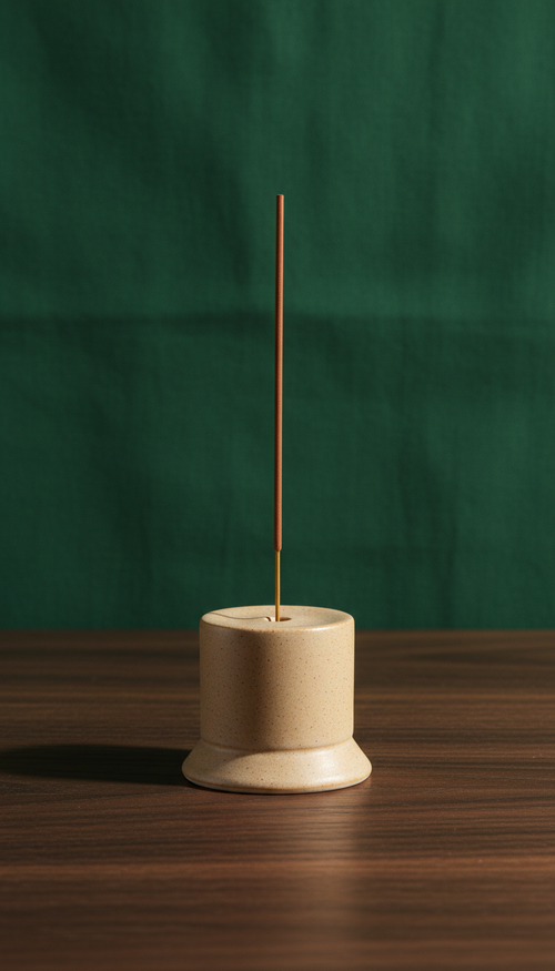 Beige ceramic incense holder with natural incense in a new setting