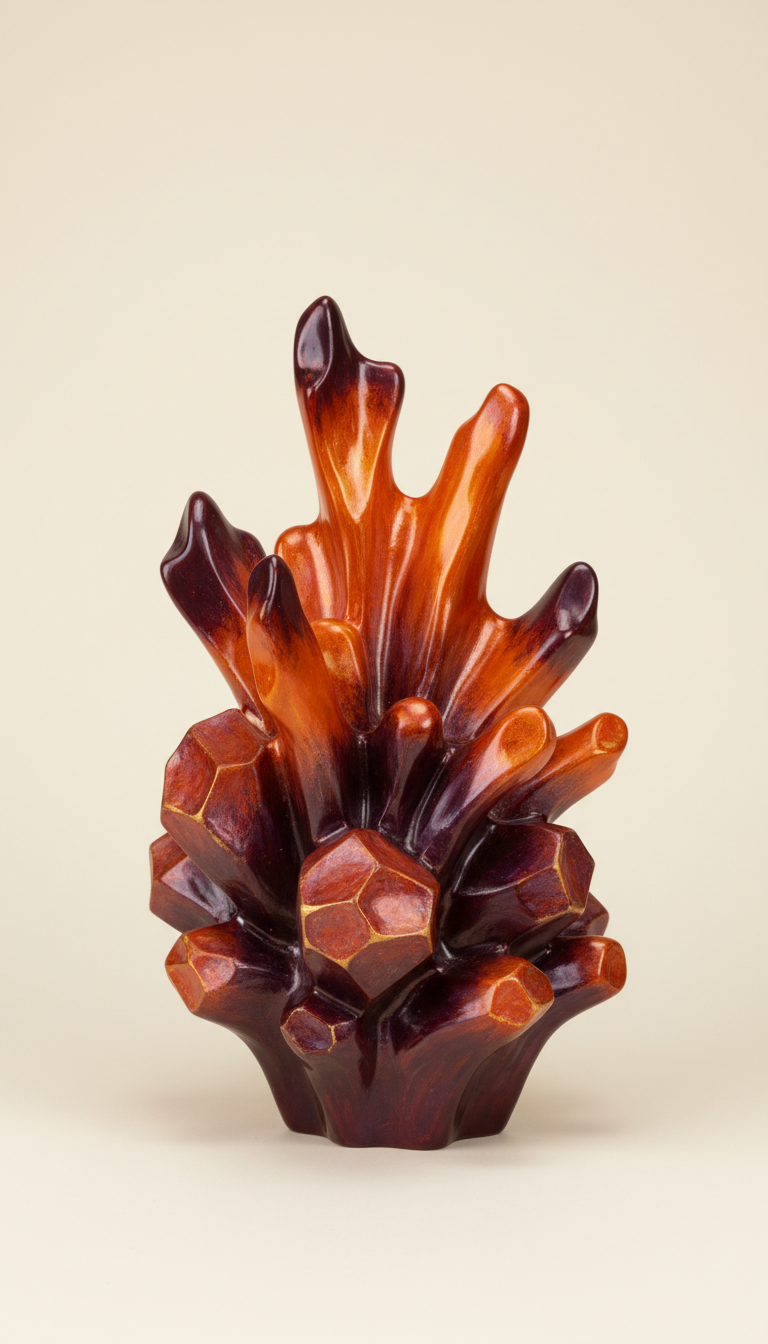 An intricately designed resin home decor item is placed centrally against a simple, highlighting its bespoke artistry....